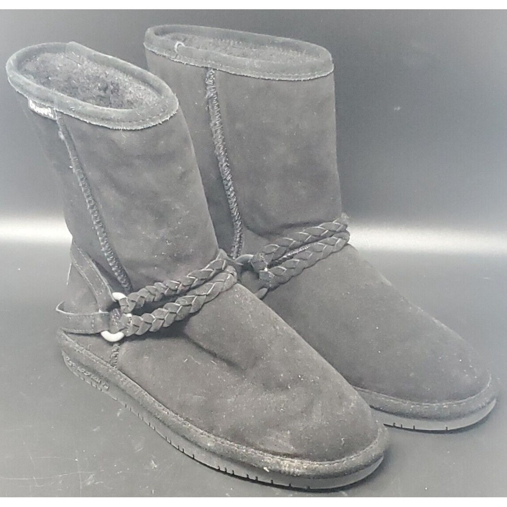 Bearpaw Adele Black Suede Sheepskin Braided Strap Winter Boots Womens 9